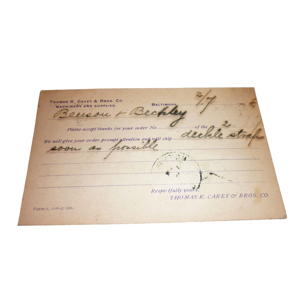 1897 Thomas K Carey & Bros Baltimore Postal Card Antique Ephemera Deckle Straps